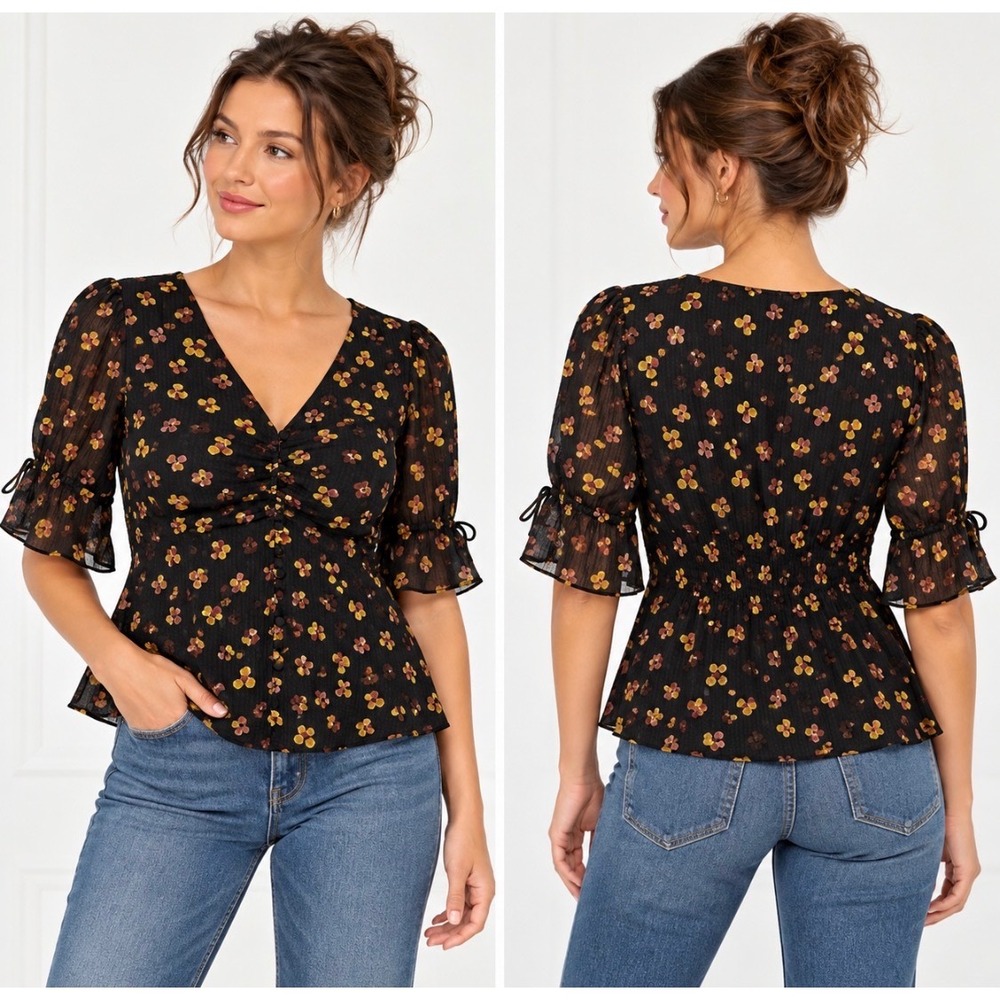 Madewell Silk Floral Peplum Blouse Women's 6 Black V Neck Sheer Puff Sleeve NWOT